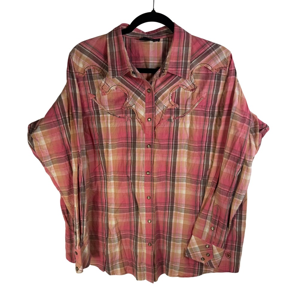 Ariat Womens XXL Pink Plaid Western Snap Shirt Distressed Yoke Arrow Embroidery
